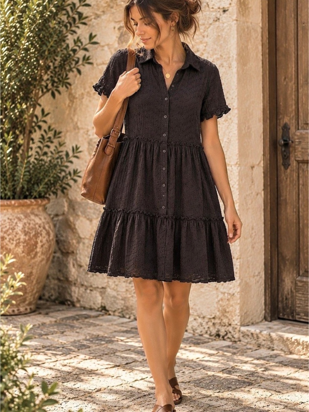 MOLLY BRACKEN | 100% Cotton Dress | Swiss Dot Tiered Collared Shirt Dress